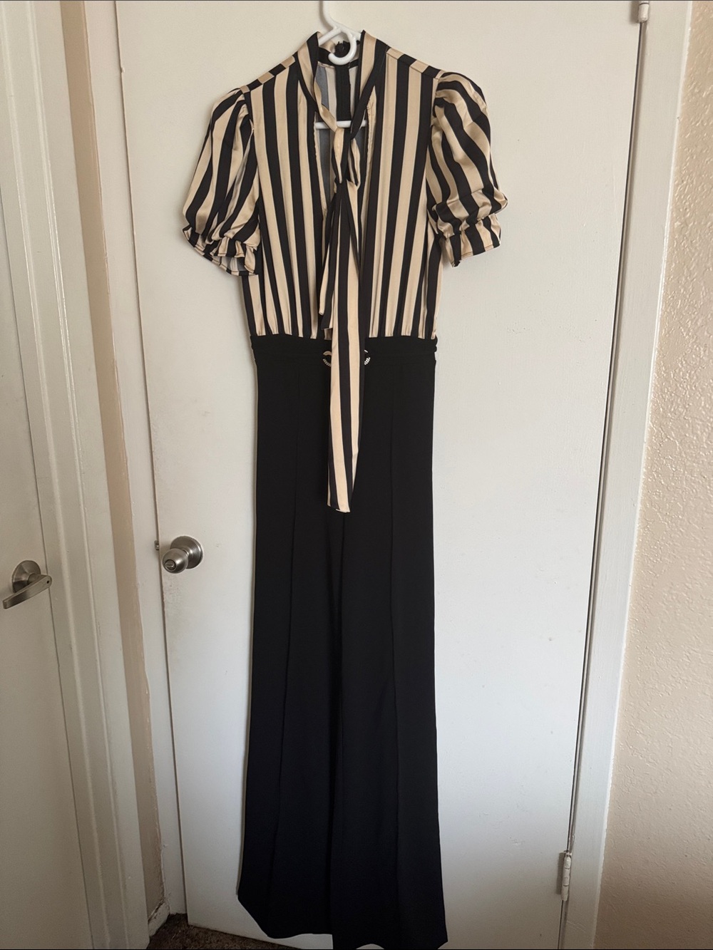 Fashion Nova Black and Cream Striped Tie-Neck Jumpsuit - Picture 2 of 5